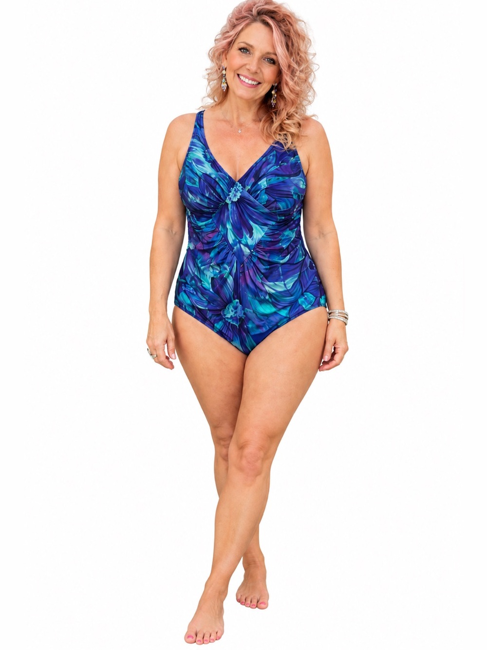 Vintage 80s 90s Sea Queen One Piece Swimsuit Blue Purple Floral Tummy Control